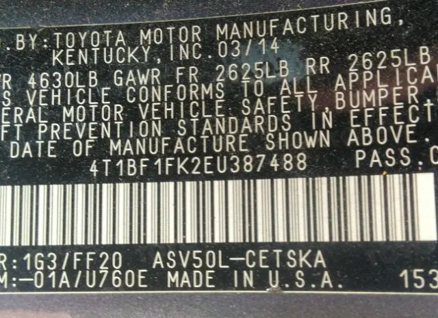 Photo 8 VIN: 4T1BF1FK2EU387488 - TOYOTA CAMRY 