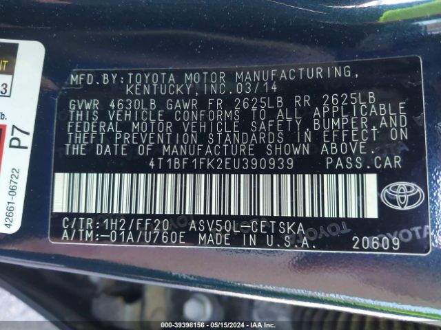 Photo 8 VIN: 4T1BF1FK2EU390939 - TOYOTA CAMRY 