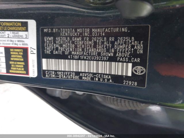 Photo 8 VIN: 4T1BF1FK2EU392397 - TOYOTA CAMRY 