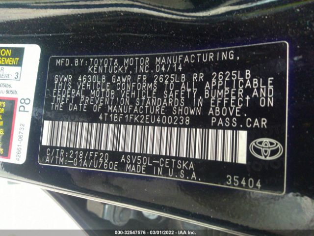 Photo 8 VIN: 4T1BF1FK2EU400238 - TOYOTA CAMRY 