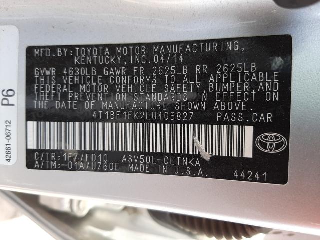 Photo 9 VIN: 4T1BF1FK2EU405827 - TOYOTA CAMRY L 