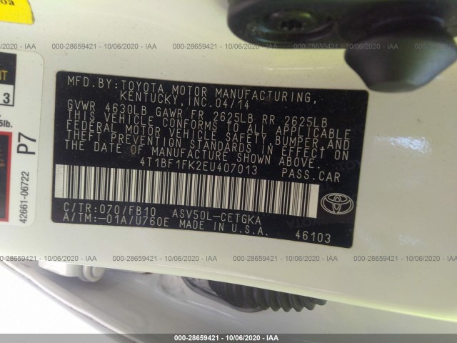 Photo 8 VIN: 4T1BF1FK2EU407013 - TOYOTA CAMRY 