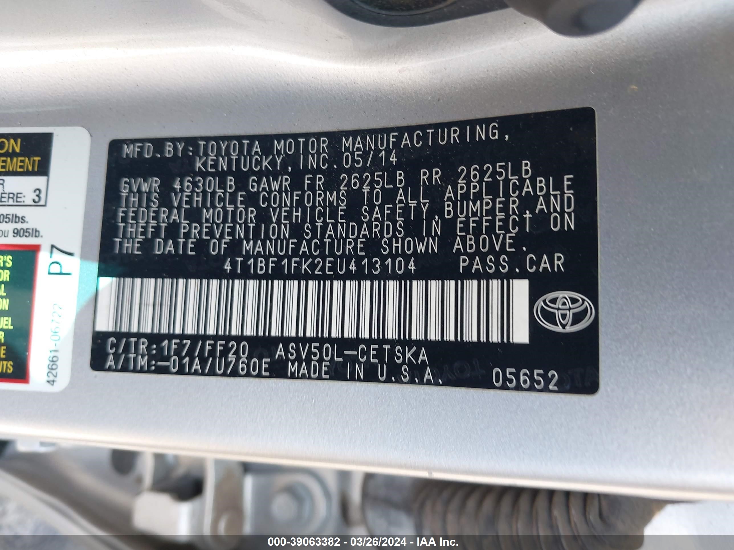 Photo 8 VIN: 4T1BF1FK2EU413104 - TOYOTA CAMRY 