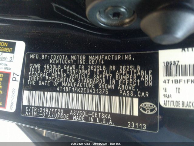 Photo 8 VIN: 4T1BF1FK2EU431375 - TOYOTA CAMRY 