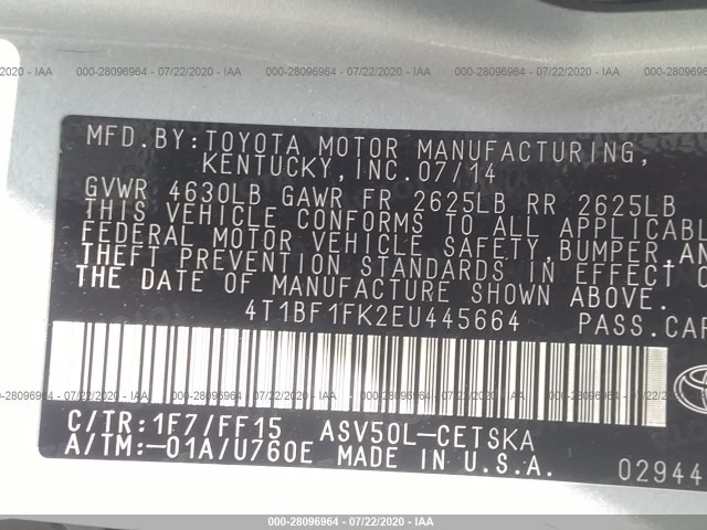 Photo 8 VIN: 4T1BF1FK2EU445664 - TOYOTA CAMRY 