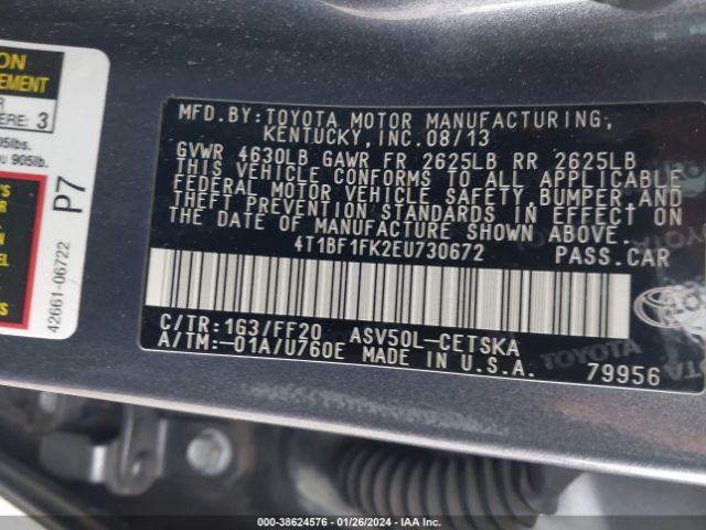 Photo 8 VIN: 4T1BF1FK2EU730672 - TOYOTA CAMRY 