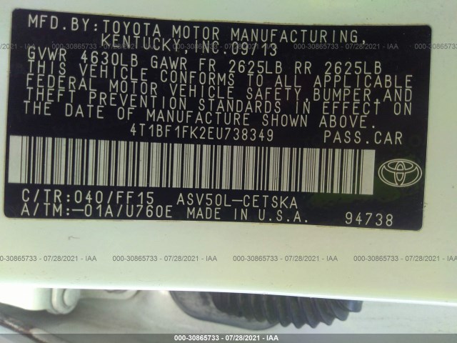 Photo 8 VIN: 4T1BF1FK2EU738349 - TOYOTA CAMRY 