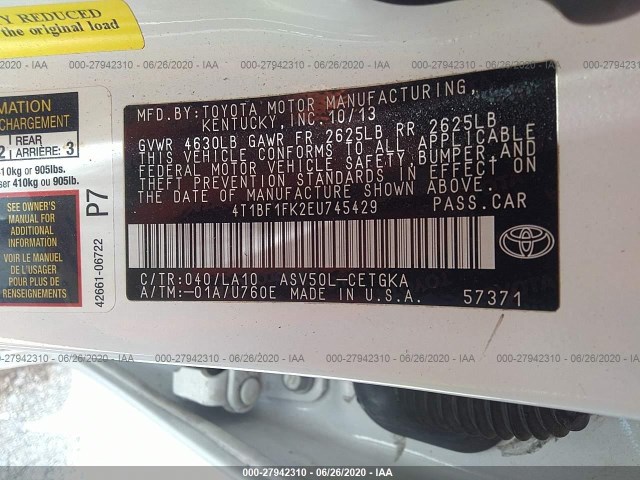 Photo 8 VIN: 4T1BF1FK2EU745429 - TOYOTA CAMRY 