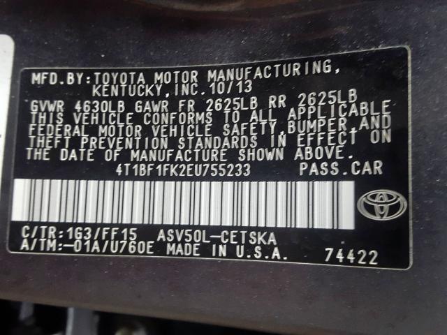 Photo 9 VIN: 4T1BF1FK2EU755233 - TOYOTA CAMRY L 