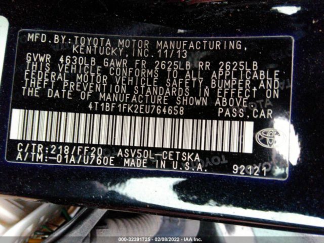 Photo 8 VIN: 4T1BF1FK2EU764658 - TOYOTA CAMRY 