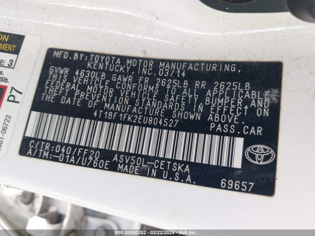 Photo 8 VIN: 4T1BF1FK2EU804527 - TOYOTA CAMRY 