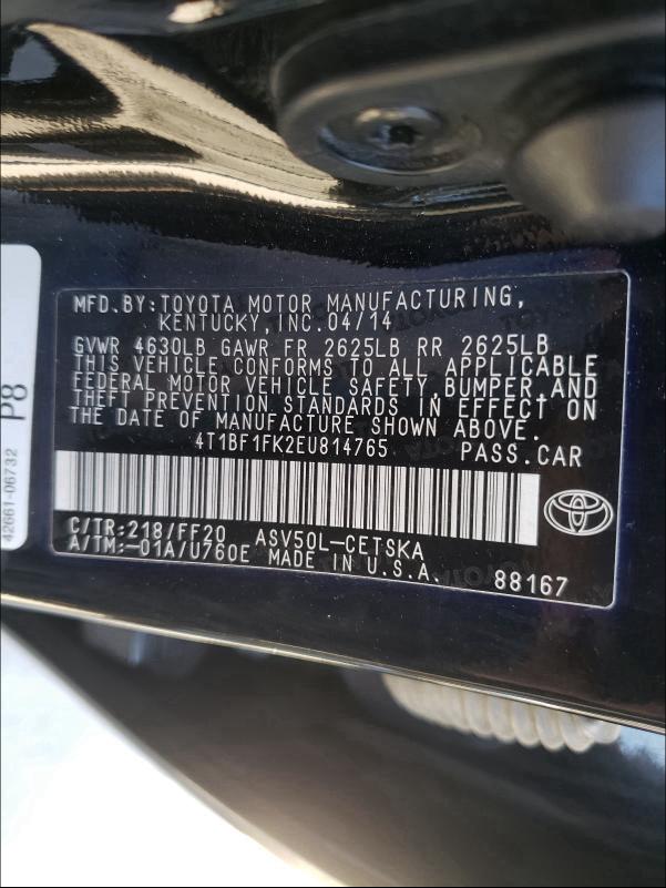 Photo 9 VIN: 4T1BF1FK2EU814765 - TOYOTA CAMRY L 