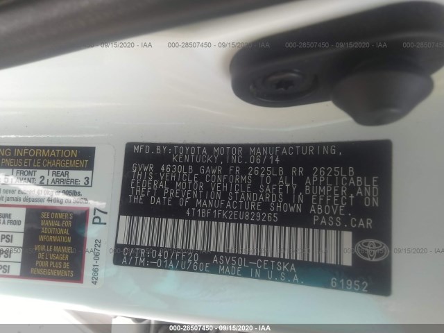 Photo 8 VIN: 4T1BF1FK2EU829265 - TOYOTA CAMRY 