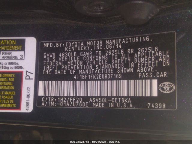 Photo 8 VIN: 4T1BF1FK2EU837169 - TOYOTA CAMRY 