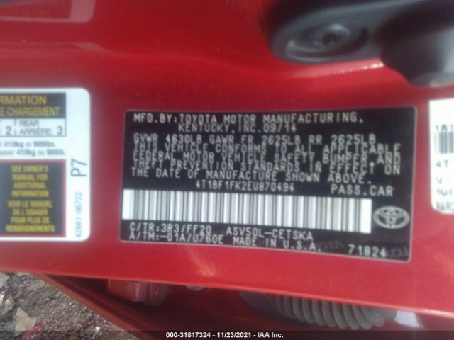 Photo 8 VIN: 4T1BF1FK2EU870494 - TOYOTA CAMRY 