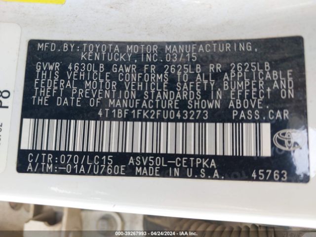 Photo 8 VIN: 4T1BF1FK2FU043273 - TOYOTA CAMRY 