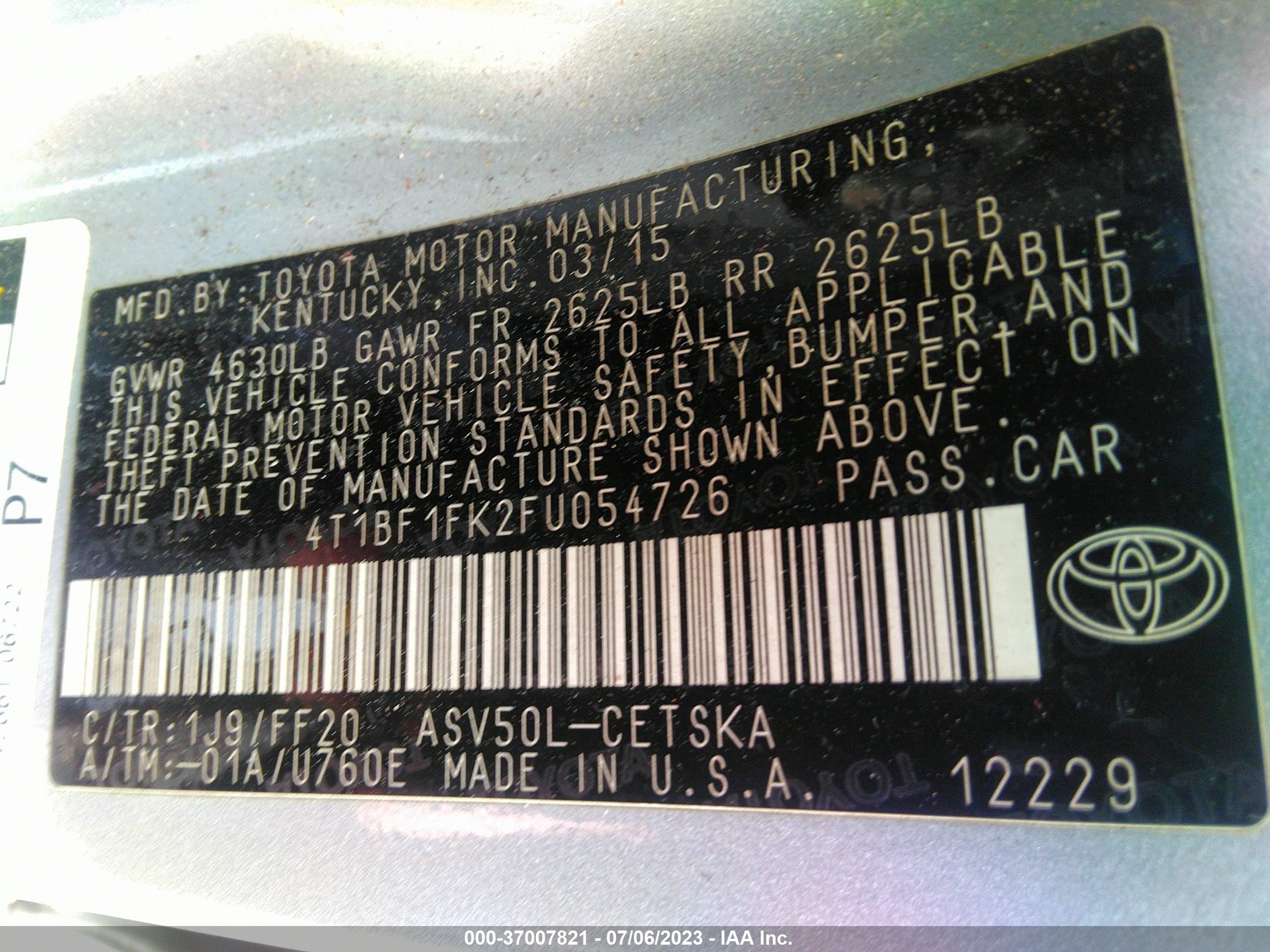 Photo 8 VIN: 4T1BF1FK2FU054726 - TOYOTA CAMRY 