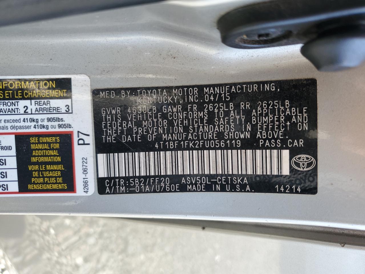 Photo 12 VIN: 4T1BF1FK2FU056119 - TOYOTA CAMRY 