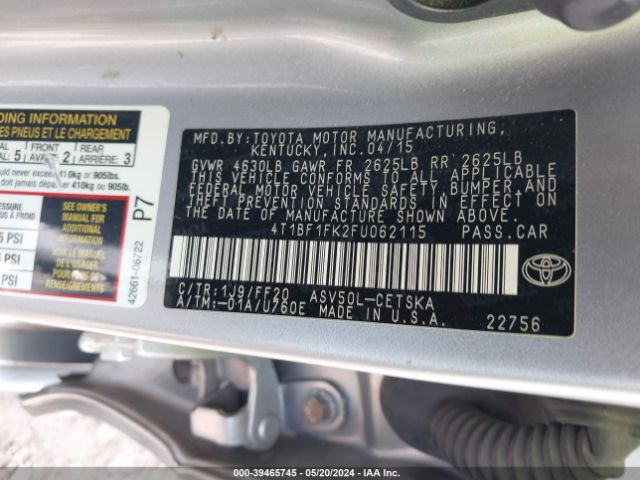 Photo 8 VIN: 4T1BF1FK2FU062115 - TOYOTA CAMRY 