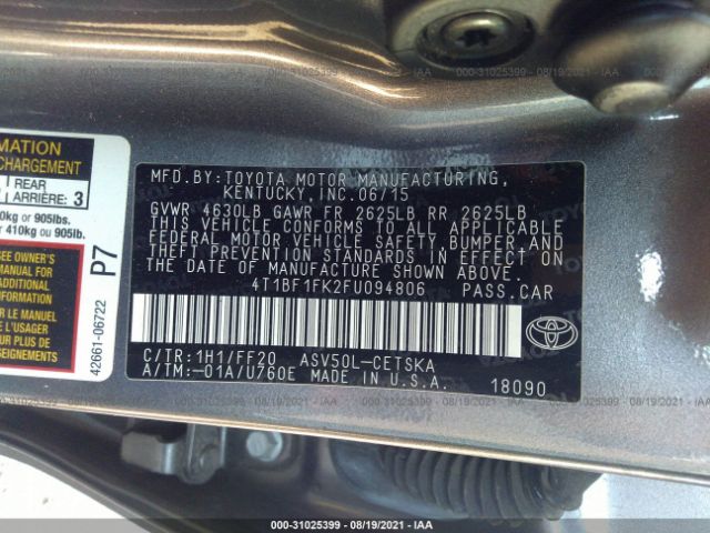 Photo 8 VIN: 4T1BF1FK2FU094806 - TOYOTA CAMRY 