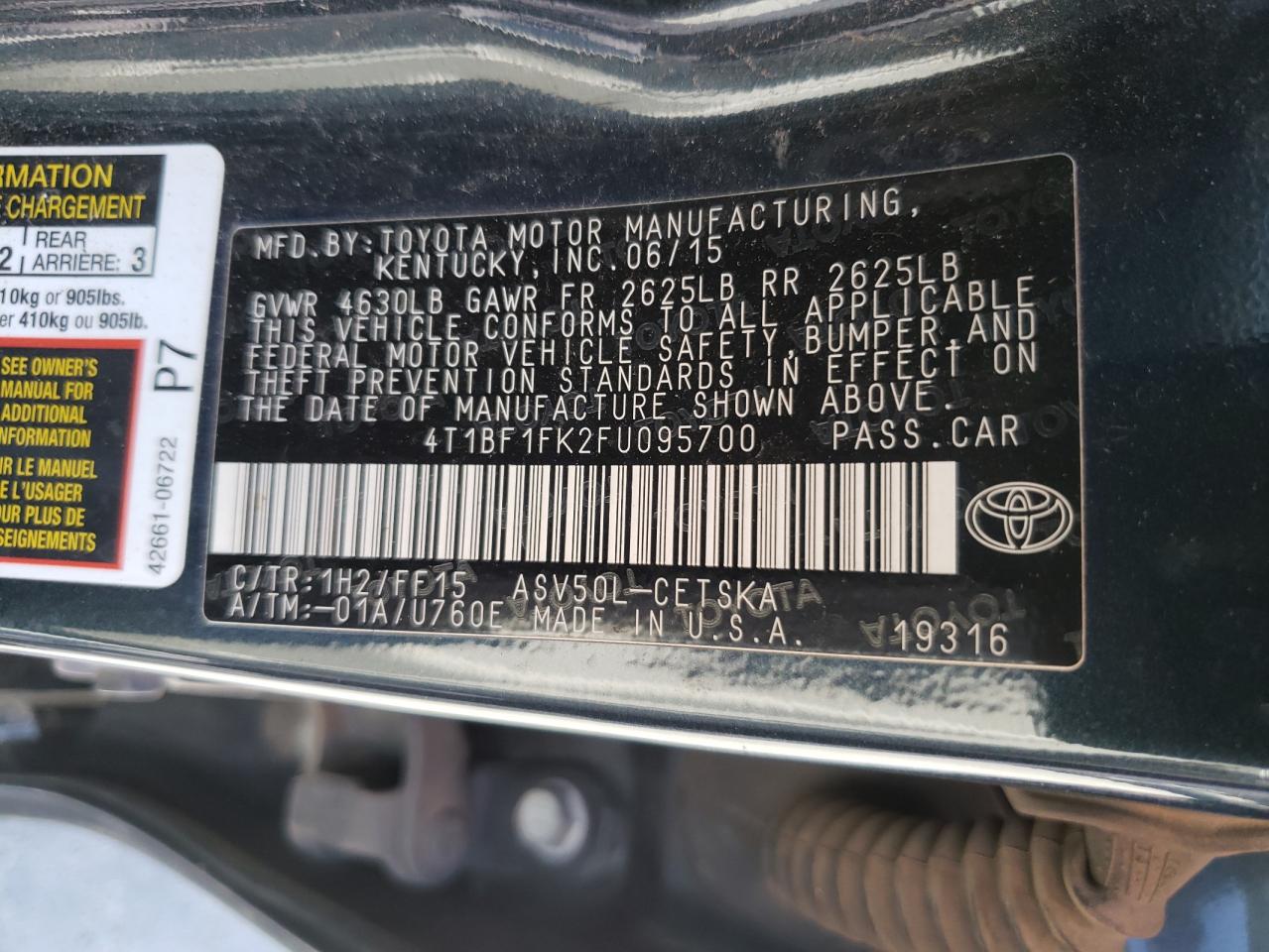 Photo 11 VIN: 4T1BF1FK2FU095700 - TOYOTA CAMRY 