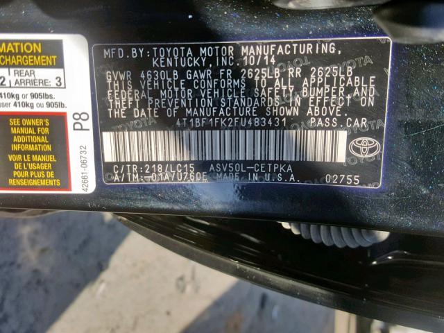 Photo 9 VIN: 4T1BF1FK2FU483431 - TOYOTA CAMRY LE 