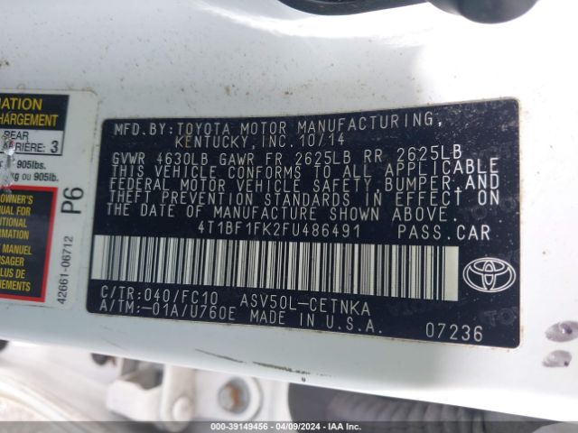 Photo 8 VIN: 4T1BF1FK2FU486491 - TOYOTA CAMRY 