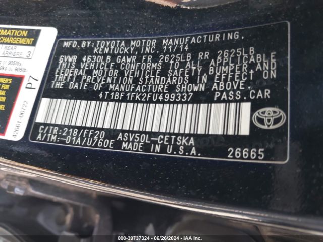 Photo 8 VIN: 4T1BF1FK2FU499337 - TOYOTA CAMRY 