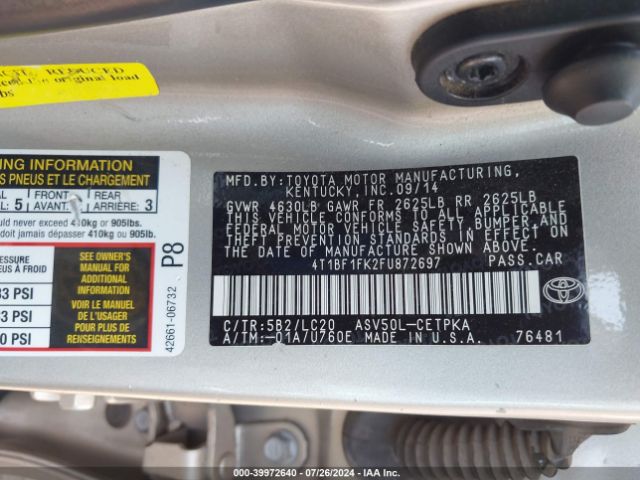 Photo 8 VIN: 4T1BF1FK2FU872697 - TOYOTA CAMRY 