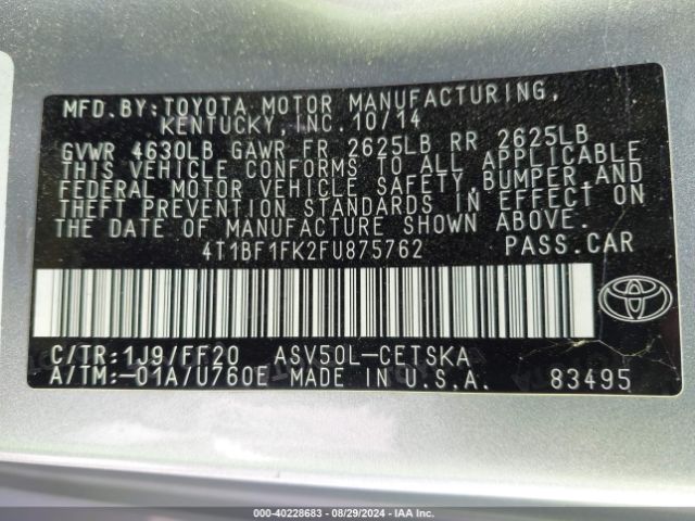 Photo 8 VIN: 4T1BF1FK2FU875762 - TOYOTA CAMRY 