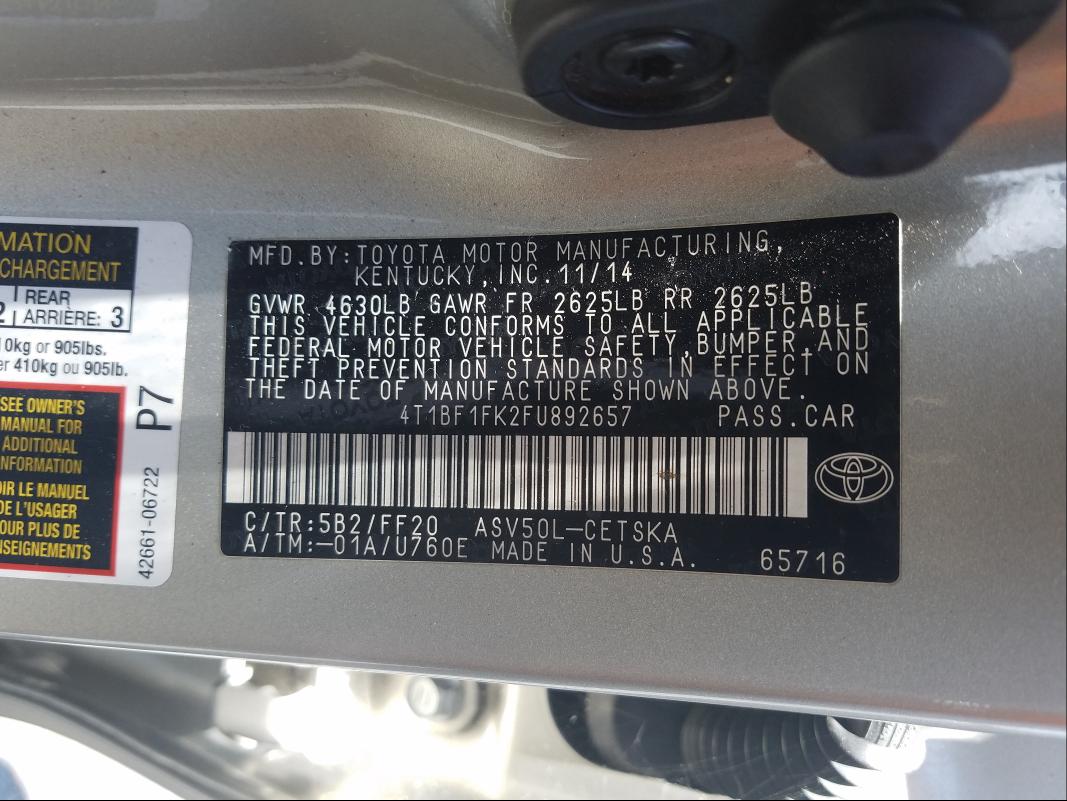 Photo 9 VIN: 4T1BF1FK2FU892657 - TOYOTA CAMRY LE 