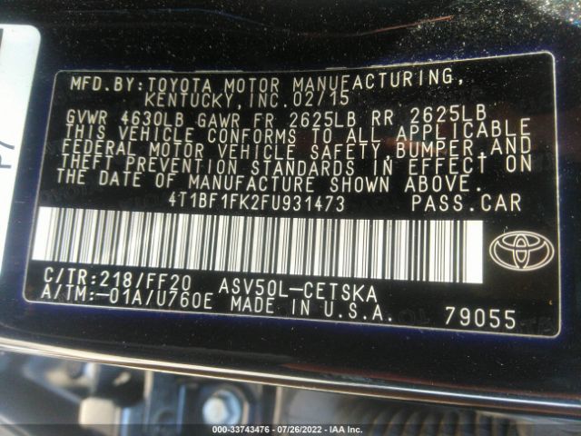 Photo 8 VIN: 4T1BF1FK2FU931473 - TOYOTA CAMRY 