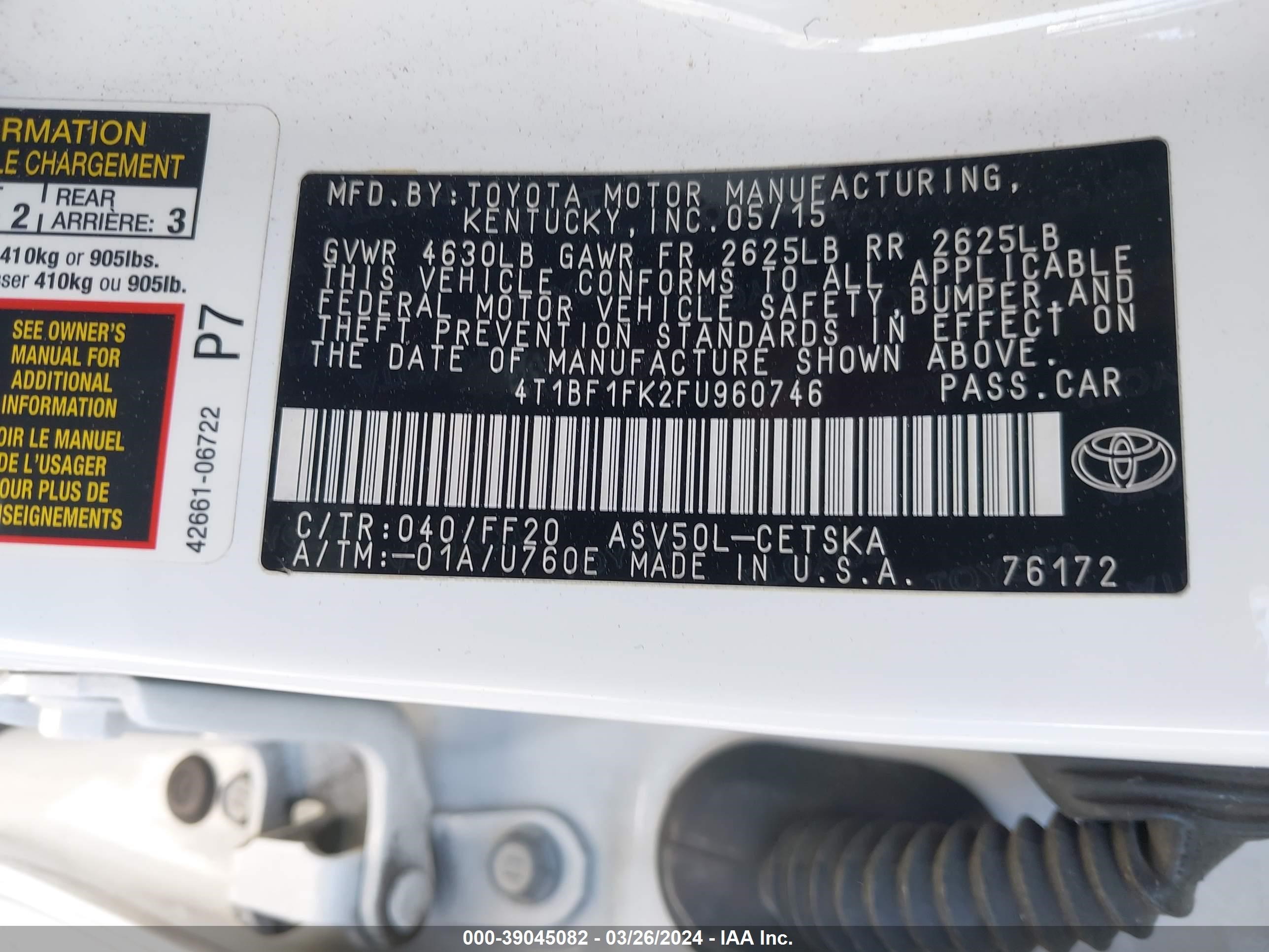 Photo 8 VIN: 4T1BF1FK2FU960746 - TOYOTA CAMRY 