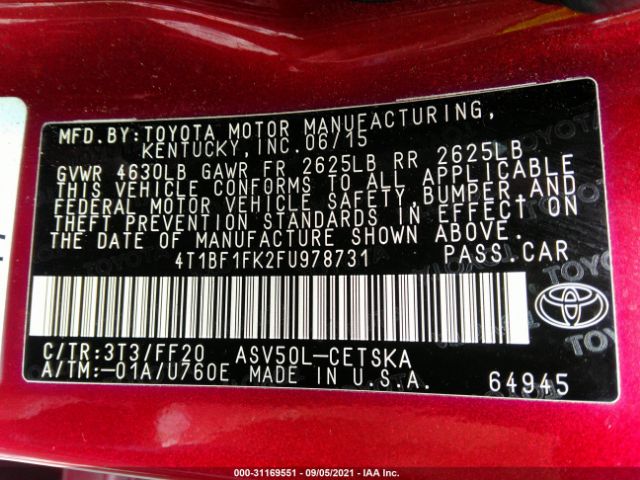 Photo 8 VIN: 4T1BF1FK2FU978731 - TOYOTA CAMRY 