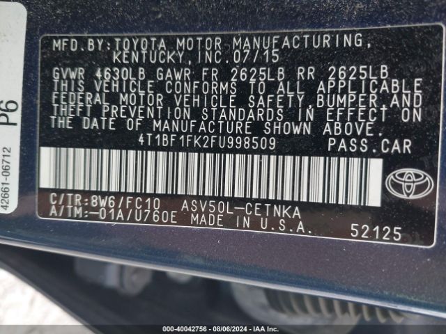 Photo 8 VIN: 4T1BF1FK2FU998509 - TOYOTA CAMRY 