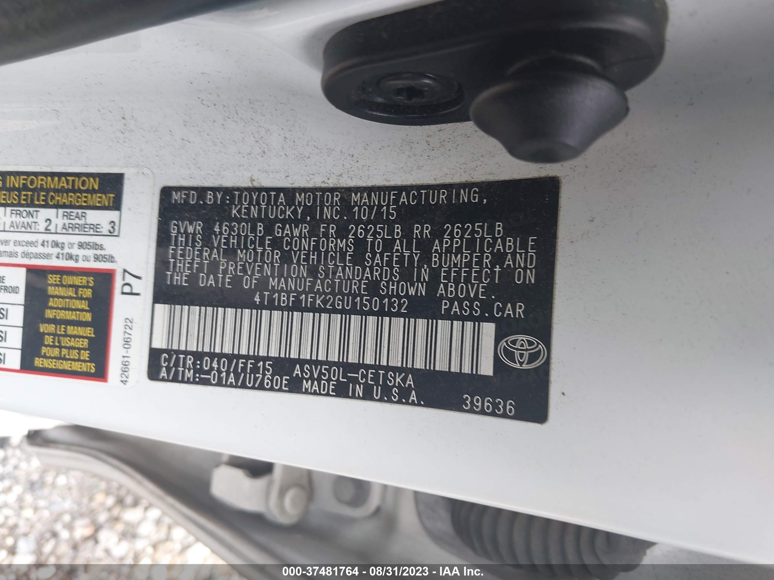 Photo 8 VIN: 4T1BF1FK2GU150132 - TOYOTA CAMRY 