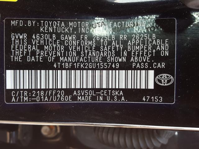 Photo 9 VIN: 4T1BF1FK2GU155749 - TOYOTA CAMRY LE 