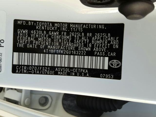 Photo 9 VIN: 4T1BF1FK2GU163222 - TOYOTA CAMRY LE 