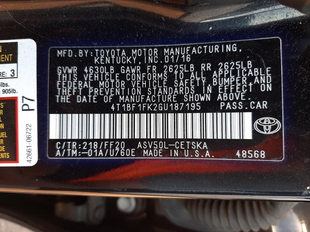 Photo 9 VIN: 4T1BF1FK2GU187195 - TOYOTA CAMRY LE 