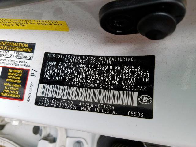 Photo 9 VIN: 4T1BF1FK2GU191814 - TOYOTA CAMRY LE 