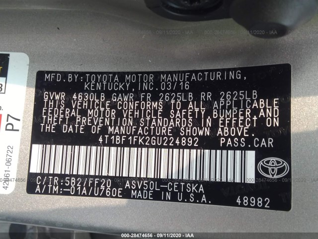 Photo 8 VIN: 4T1BF1FK2GU224892 - TOYOTA CAMRY 