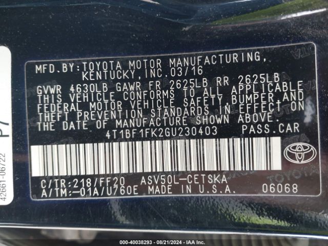 Photo 8 VIN: 4T1BF1FK2GU230403 - TOYOTA CAMRY 