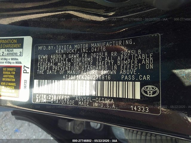 Photo 8 VIN: 4T1BF1FK2GU236816 - TOYOTA CAMRY 