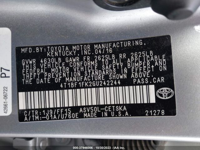 Photo 8 VIN: 4T1BF1FK2GU242244 - TOYOTA CAMRY 