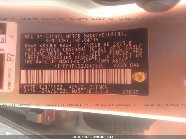 Photo 8 VIN: 4T1BF1FK2GU243569 - TOYOTA CAMRY 