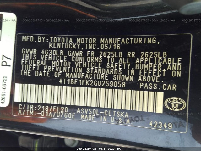 Photo 8 VIN: 4T1BF1FK2GU259058 - TOYOTA CAMRY 