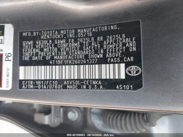 Photo 8 VIN: 4T1BF1FK2GU261327 - TOYOTA CAMRY 