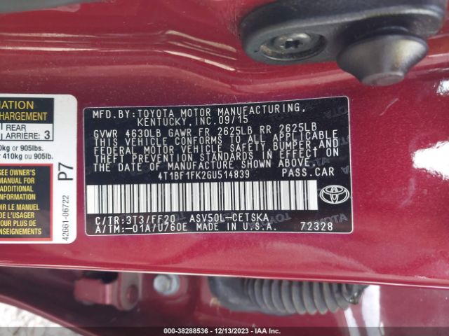 Photo 8 VIN: 4T1BF1FK2GU514839 - TOYOTA CAMRY 