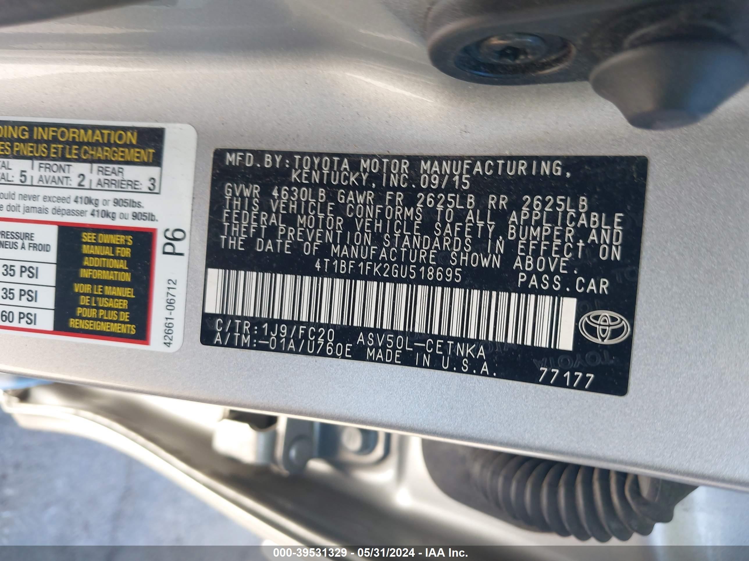 Photo 8 VIN: 4T1BF1FK2GU518695 - TOYOTA CAMRY 