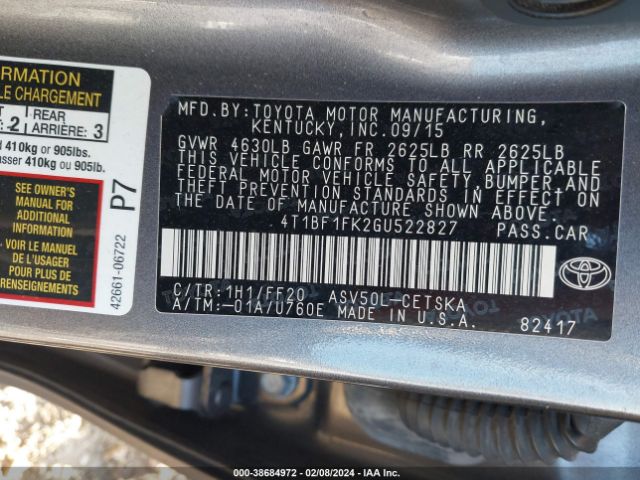 Photo 8 VIN: 4T1BF1FK2GU522827 - TOYOTA CAMRY 